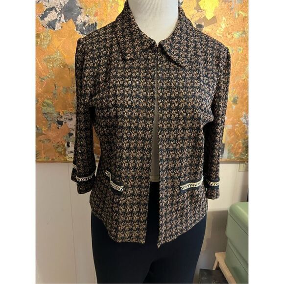 Ming Wang Black & Gold Herringbone Cropped Knit Jacket with Gold Chin Trim Sophi - Picture 2 of 11